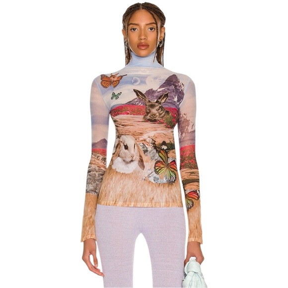 Acne Studios Denise Blue Rabbit Landscape Print Long Sleeve Turtleneck Mesh Top - Picture 4 of 15